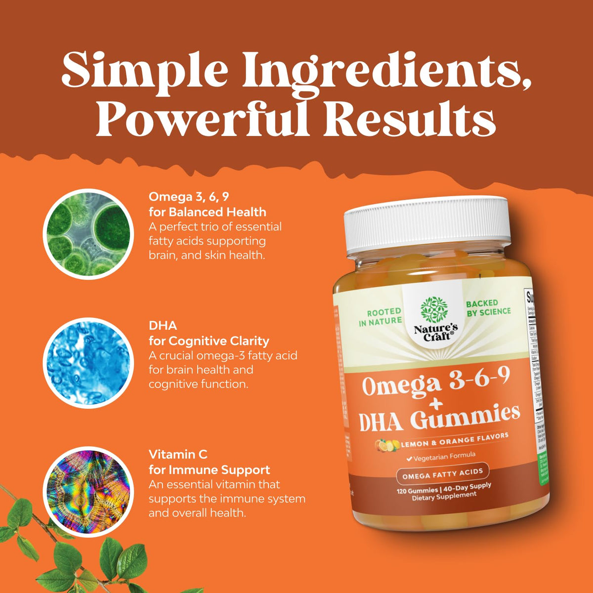 Natures Craft Gummies Omega 3 6 9 DHA végétarien côté du pot
