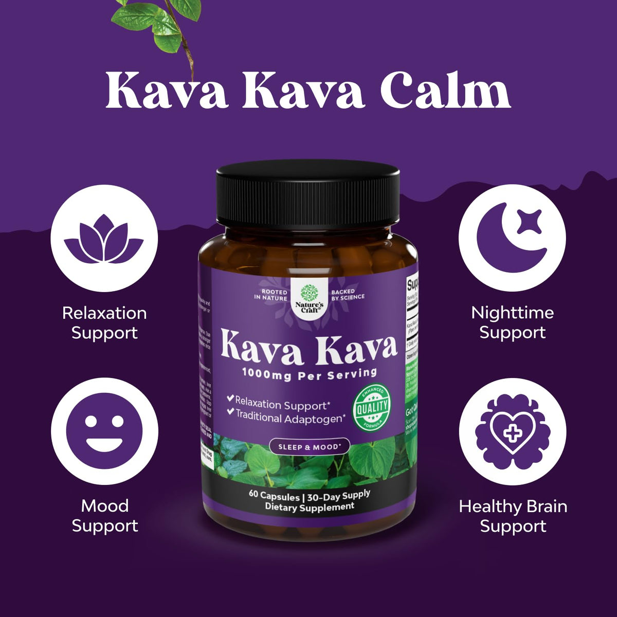 Natures Craft Kava Kava Capsules 1000mg comprimés sur une table