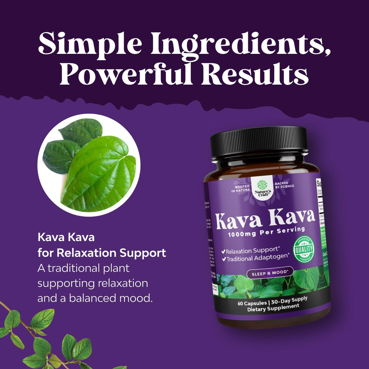 Natures Craft Kava Kava Capsules 1000mg étiquette détaillée