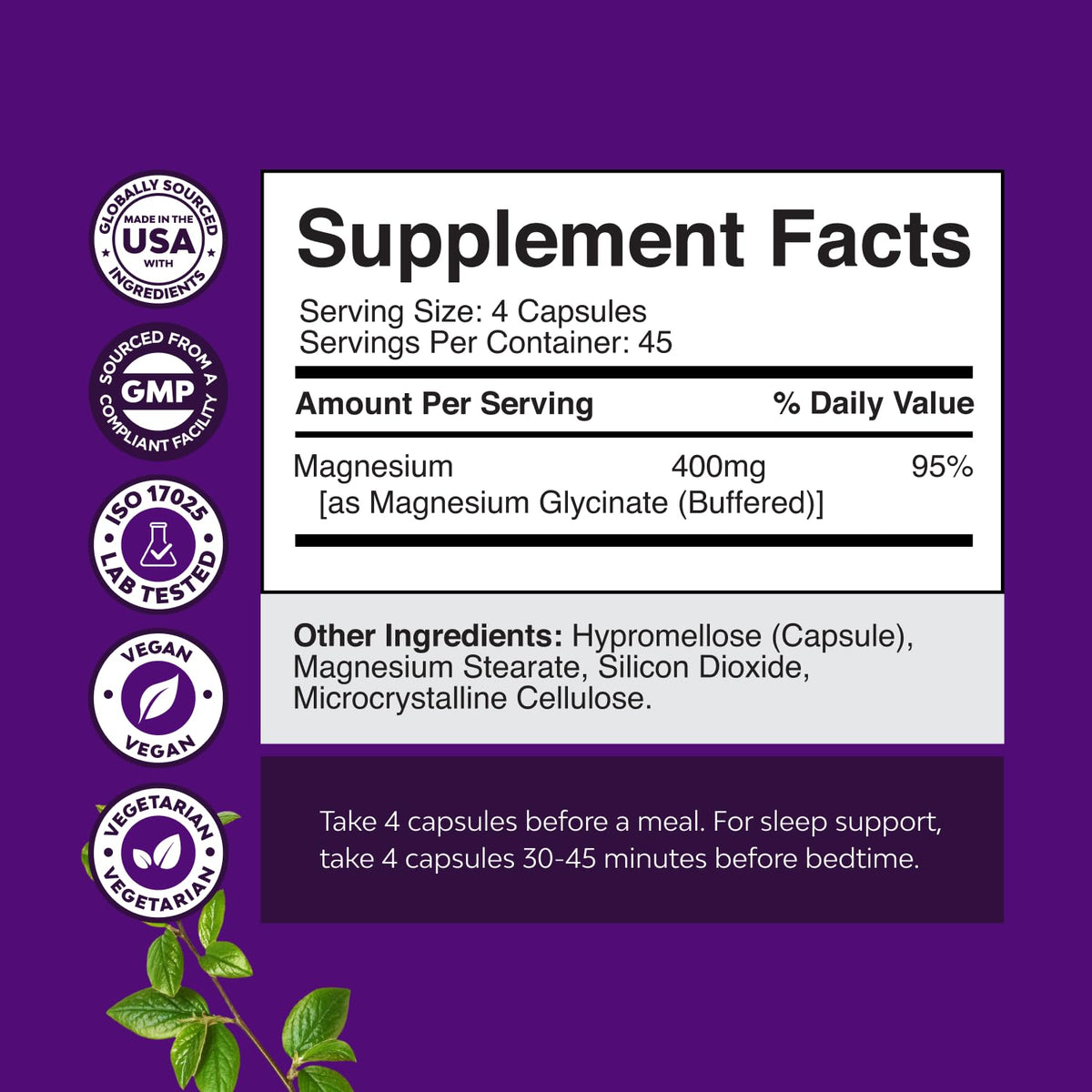 Natures Craft magnésium glycinate 400mg 180 capsules en gros plan