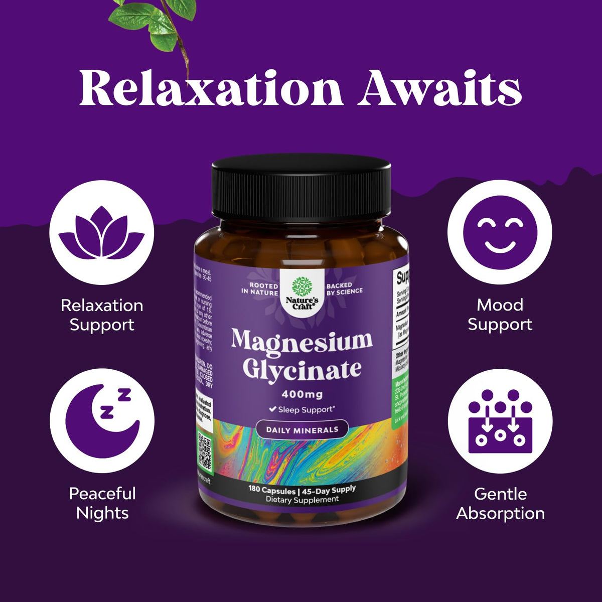 Natures Craft magnésium glycinate 400mg 180 capsules étiquette