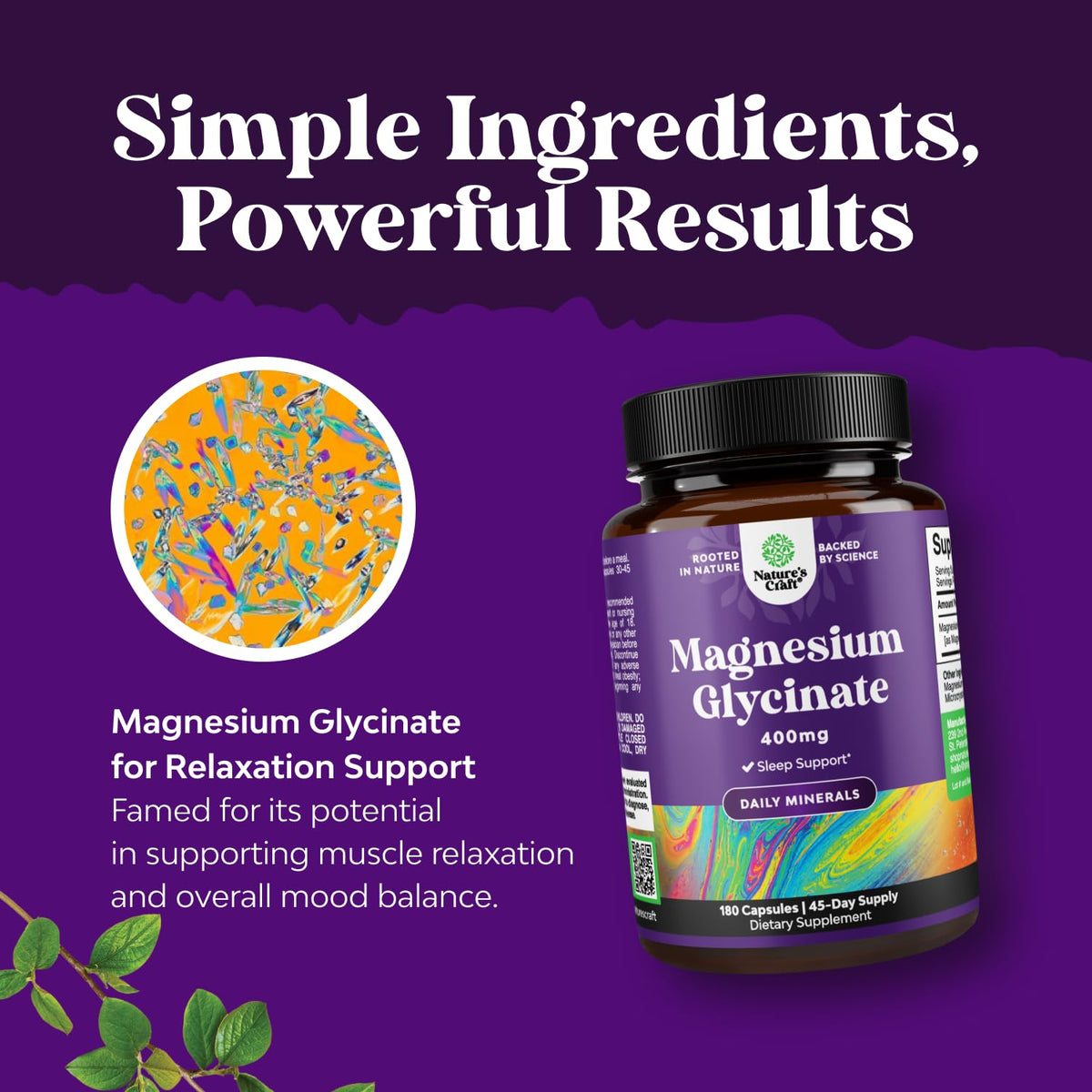 Natures Craft magnésium glycinate 400mg 180 capsules vue de côté