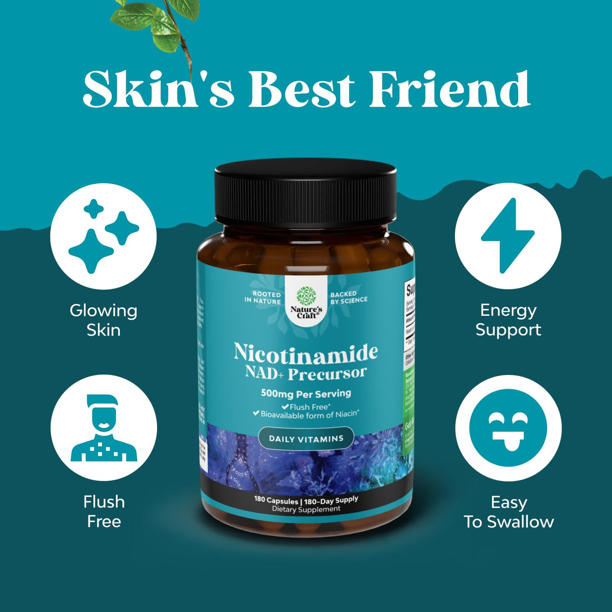 Natures Craft Nicotinamide 500mg 180 capsules vue de dos