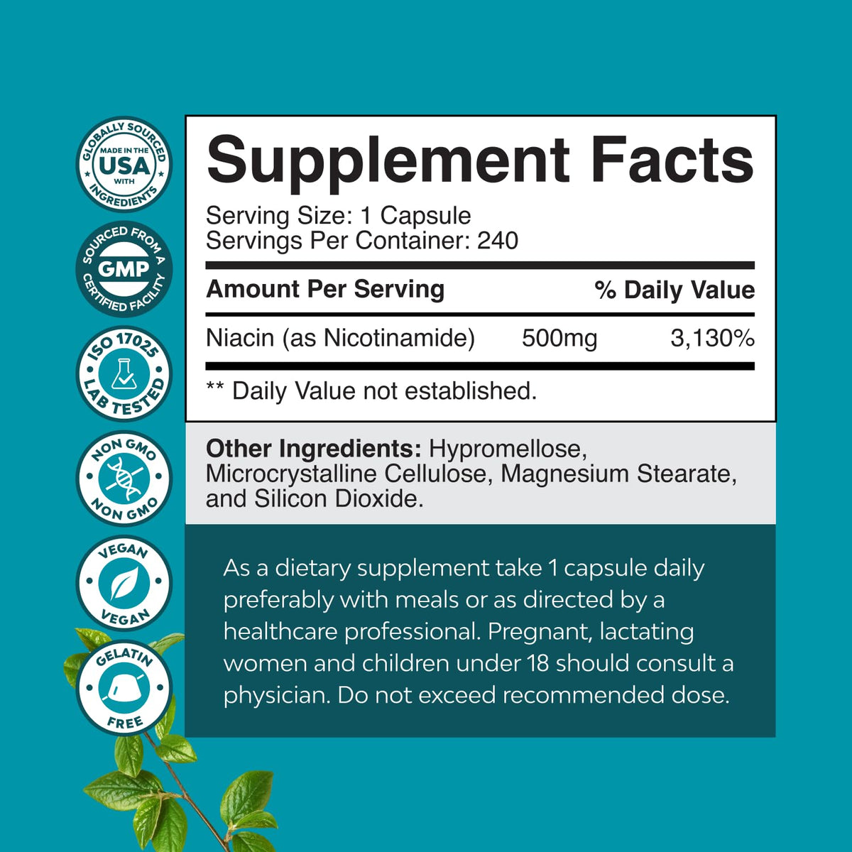 Natures Craft Nicotinamide 500mg capsules en gros plan