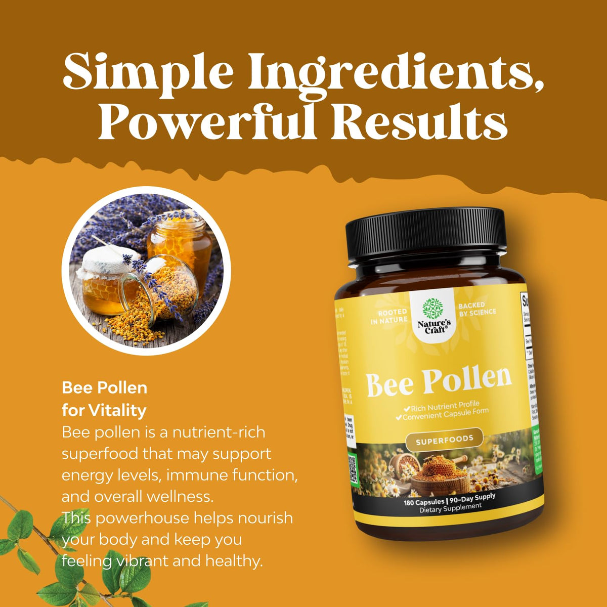 Natures Craft Pollen d'Abeille 180 Capsules avec étiquette