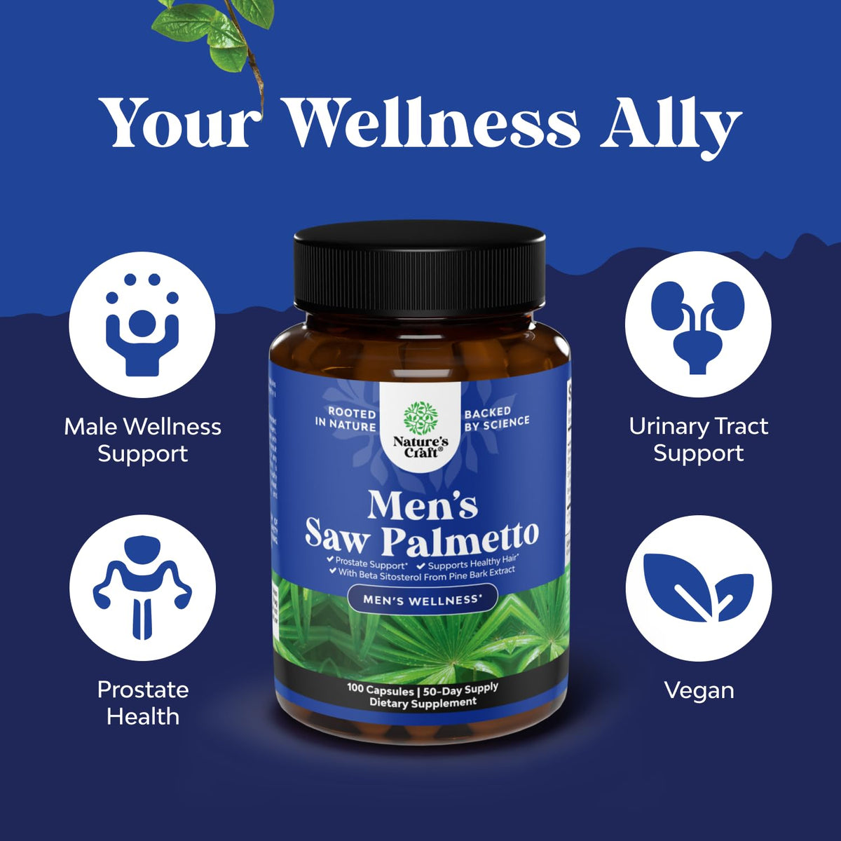 Natures Craft Saw Palmetto 100 Capsules - vue arrière et étiquette