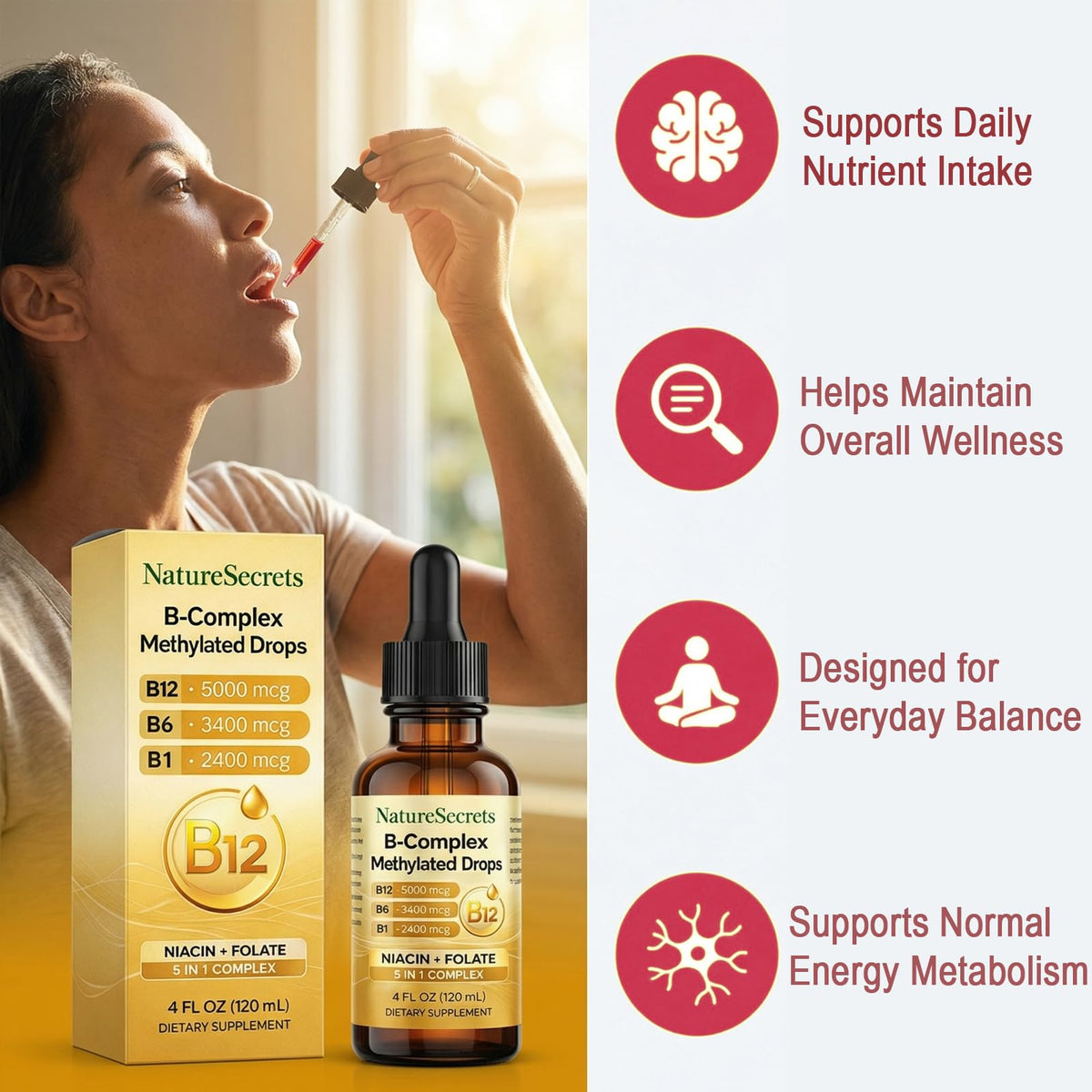 NATURESECRETS Gouttes B-Complex Méthylées sur un fond blanc
