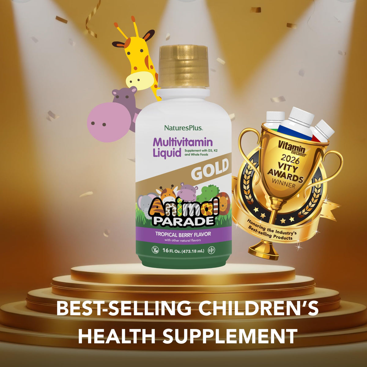 NaturesPlus Animal Parade Gold Multivitamine Liquide Enfants 16 fl oz bouteille avec étiquette