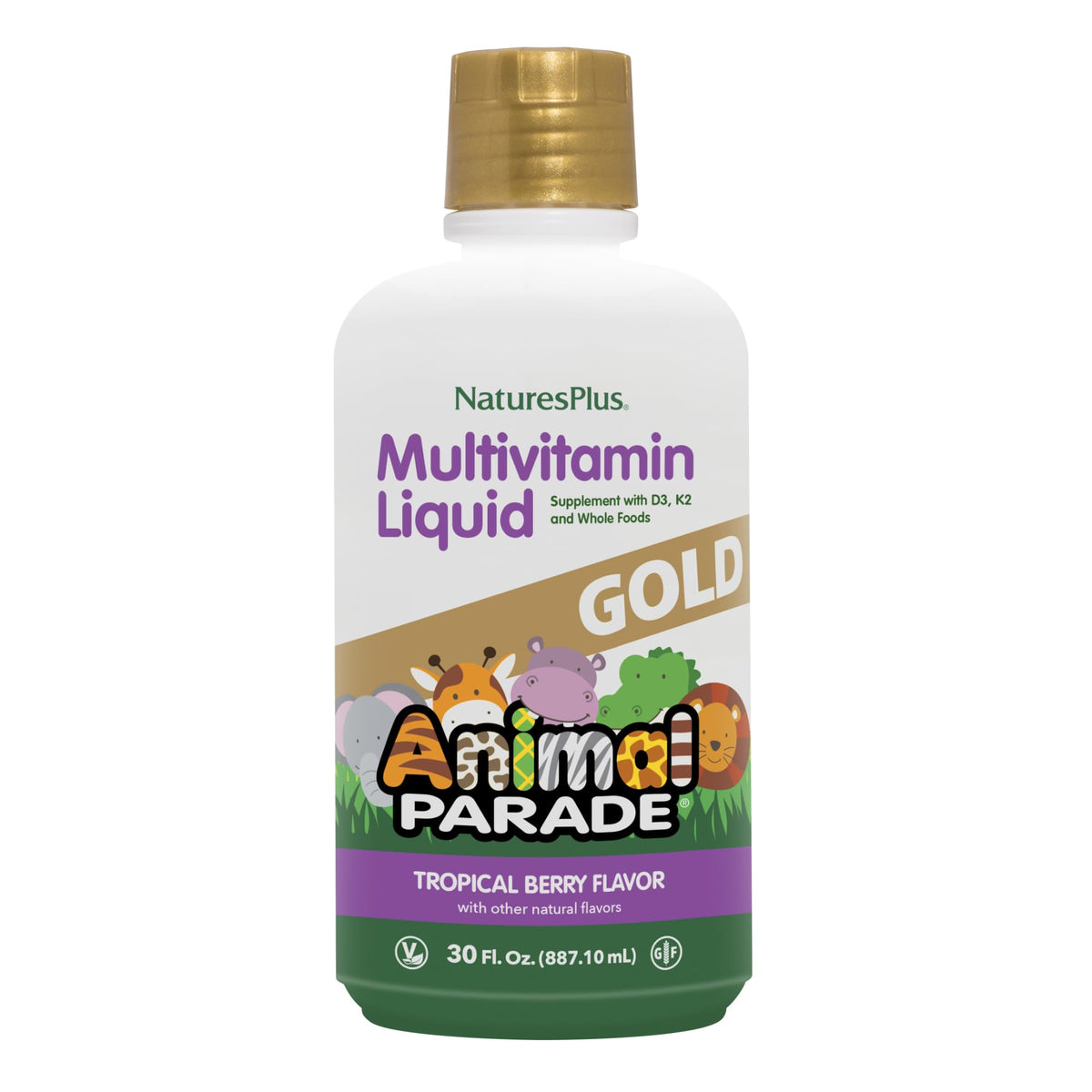 NaturesPlus Animal Parade Gold multivitamine liquide pour enfants, vue de face