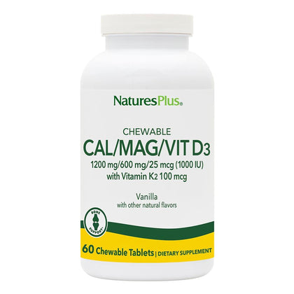 NaturesPlus Calcium/Magnésium/Vitamine D3 K2 60 comprimés à mâcher vue de face