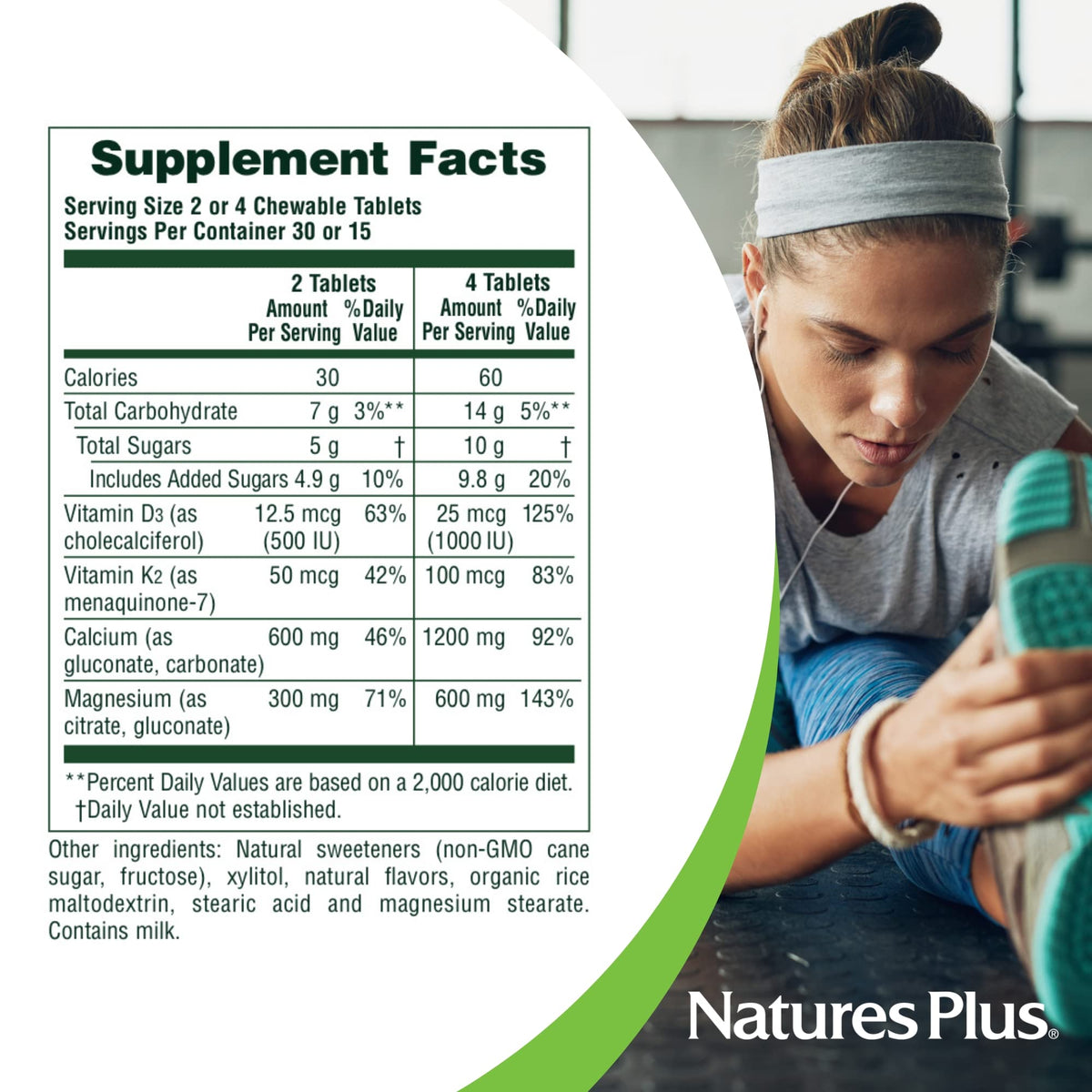 NaturesPlus Calcium/Magnésium/Vitamine D3 K2 comprimés à mâcher sur une table