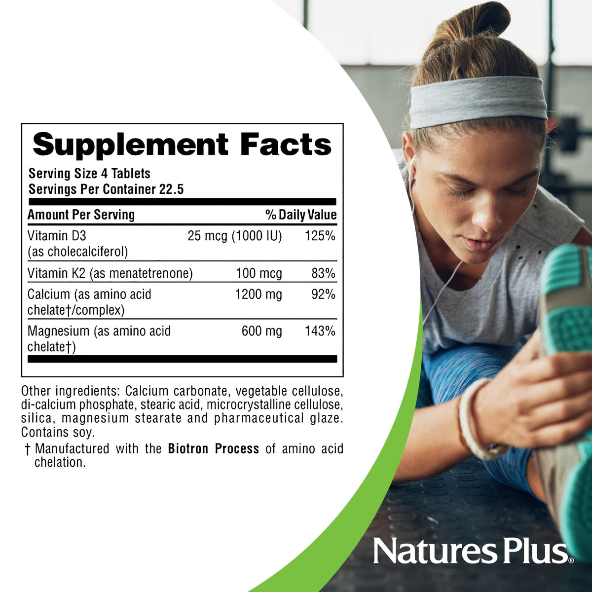 NaturesPlus Calcium Magnésium Vitamine D3 K2 comprimés sur une table