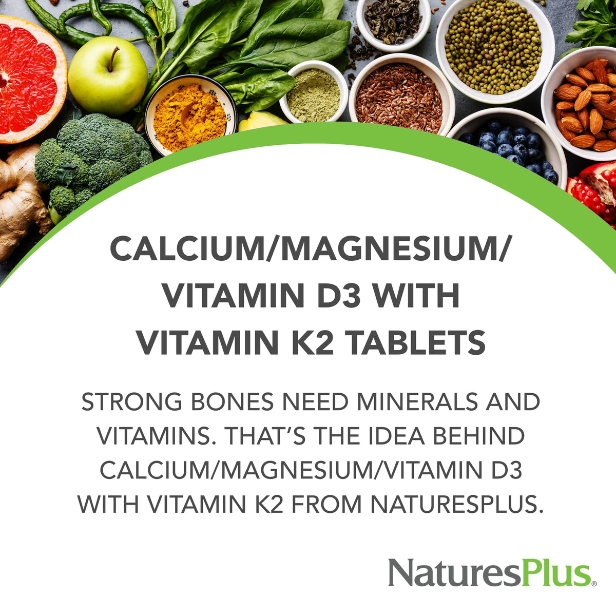 NaturesPlus Calcium Magnésium Vitamine D3 K2 emballage avec informations