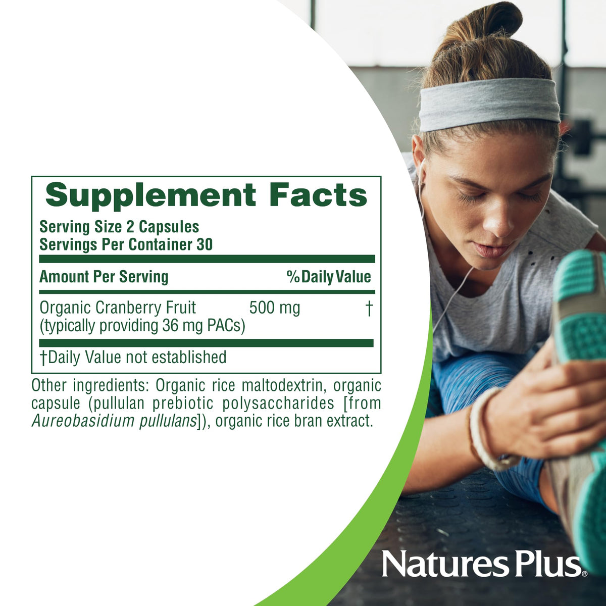 NaturesPlus Cranberry 500 mg capsules sur une table en bois