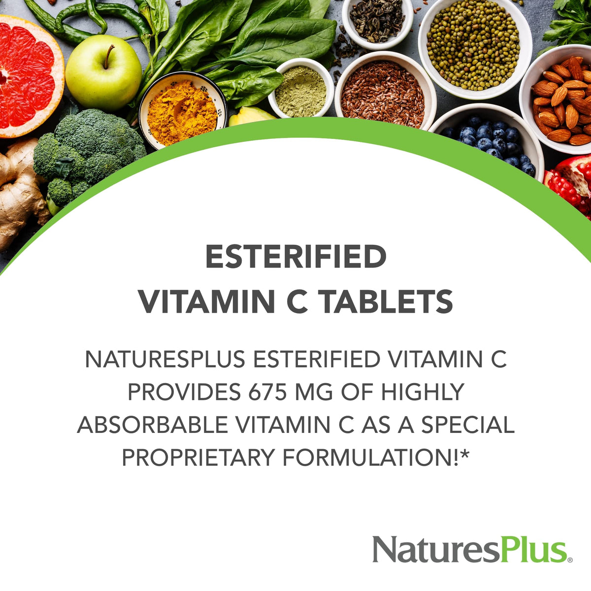 NaturesPlus Esterified Vitamin C 675 mg comprimés sur une surface blanche