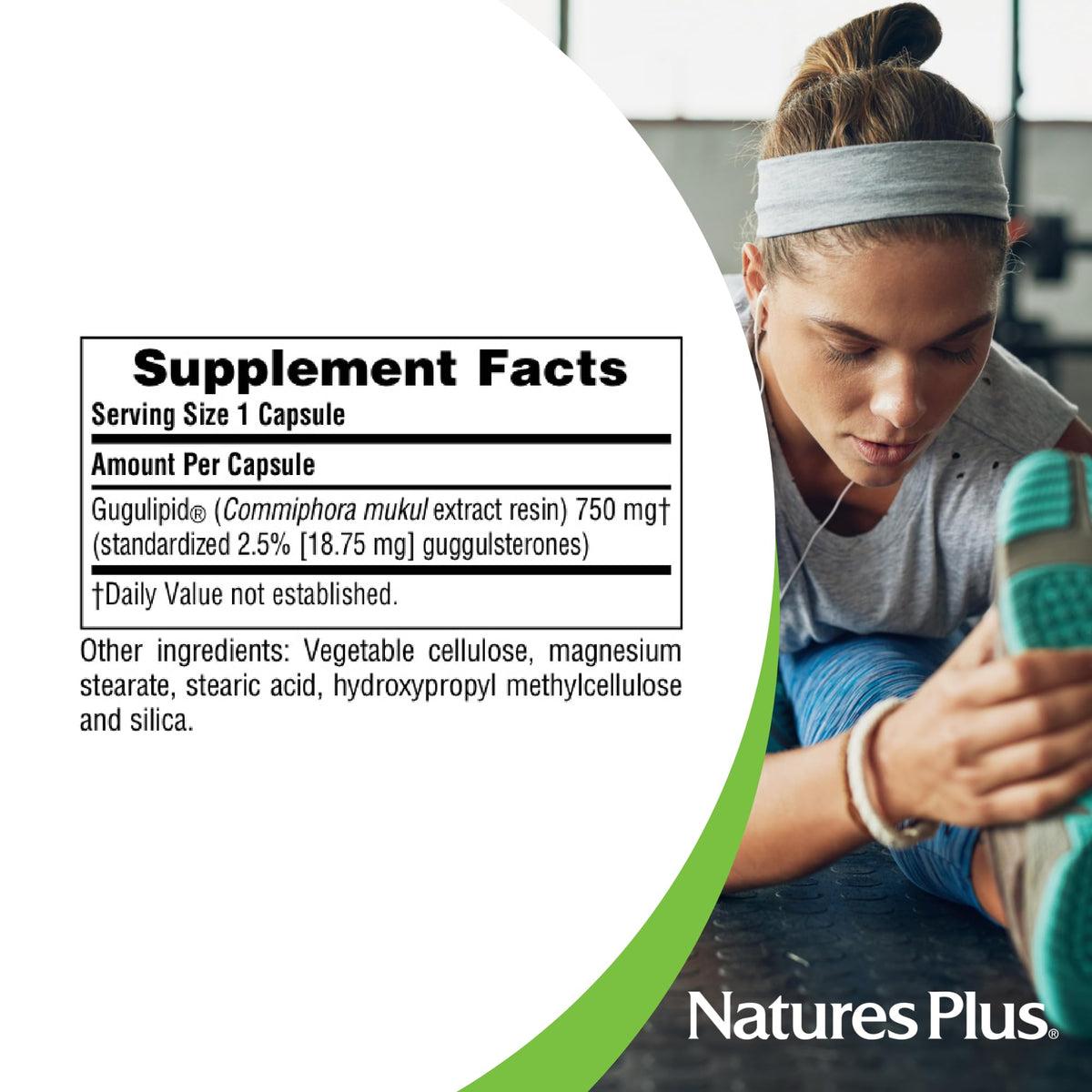 NaturesPlus Gugulipid 750 mg capsules près d'un verre d'eau