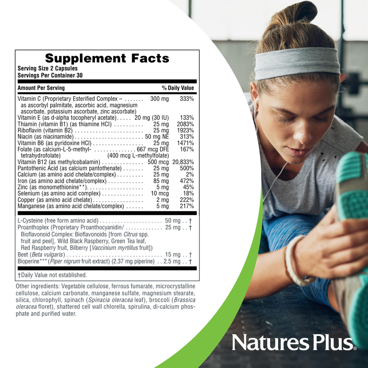 NaturesPlus Hema-Plex Fer 60 Capsules, présentation avec verre d'eau