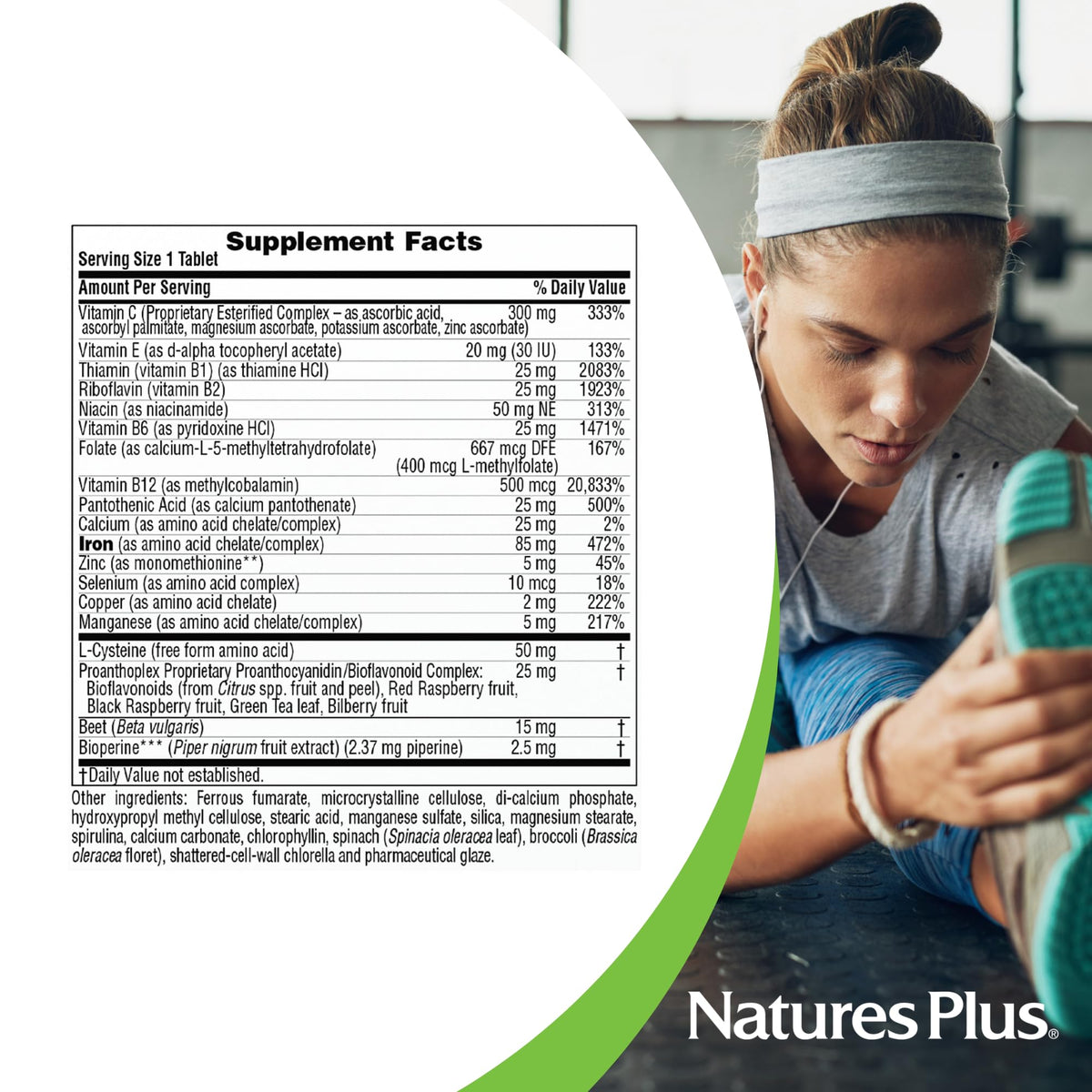 NaturesPlus Hema-Plex Fer 85 mg comprimés sur une surface blanche