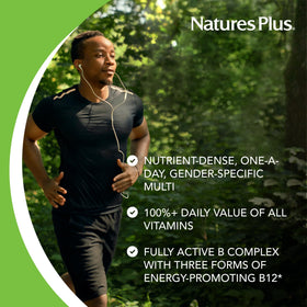 NaturesPlus His Journey comprimé de multivitamine sur une surface blanche