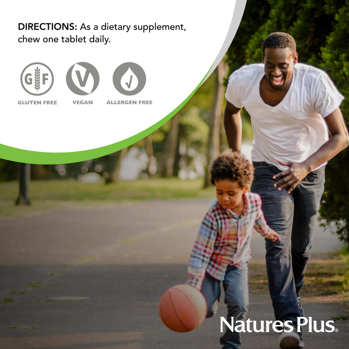 NaturesPlus Jus d'Orange, comprimés à mâcher avec des oranges en arrière-plan