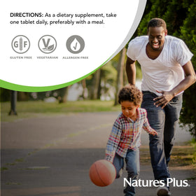 NaturesPlus Mega B-150 Complex, comprimés sur une surface blanche