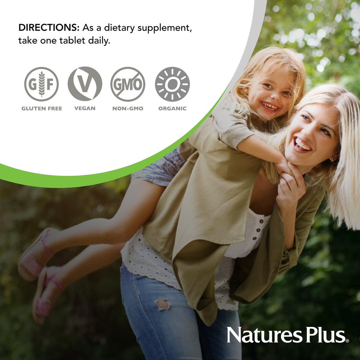 NaturesPlus Multivitamine Femme avec ingrédients naturels en arrière-plan