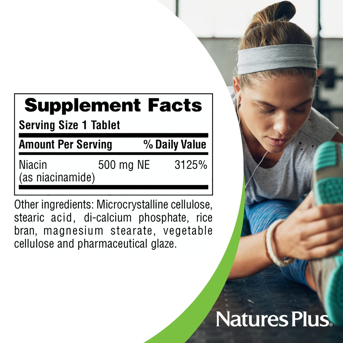 NaturesPlus Niacinamide 500 mg comprimés, gros plan sur les comprimés