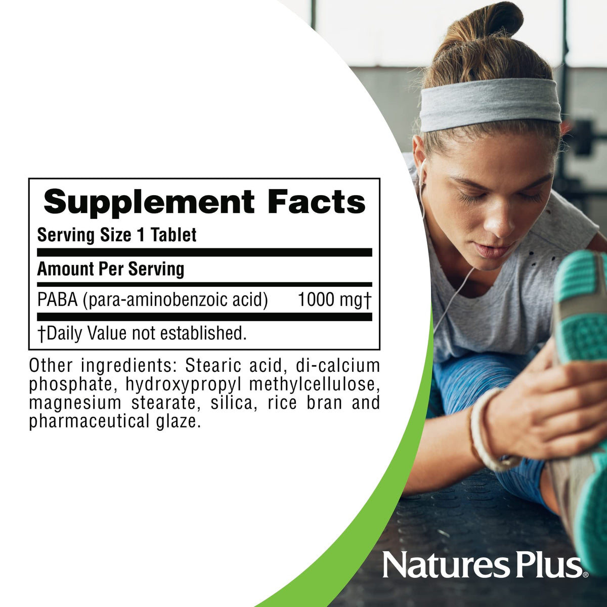 NaturesPlus PABA 1000 mg comprimés sur une table