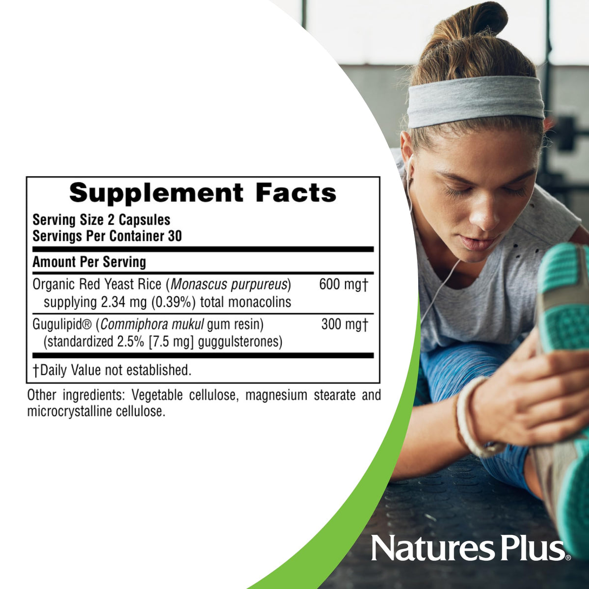 NaturesPlus Riz de Levure Rouge et Gugulipid 60 capsules sur une table