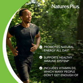 NaturesPlus Source of Life comprimés avec des aliments entiers en arrière-plan