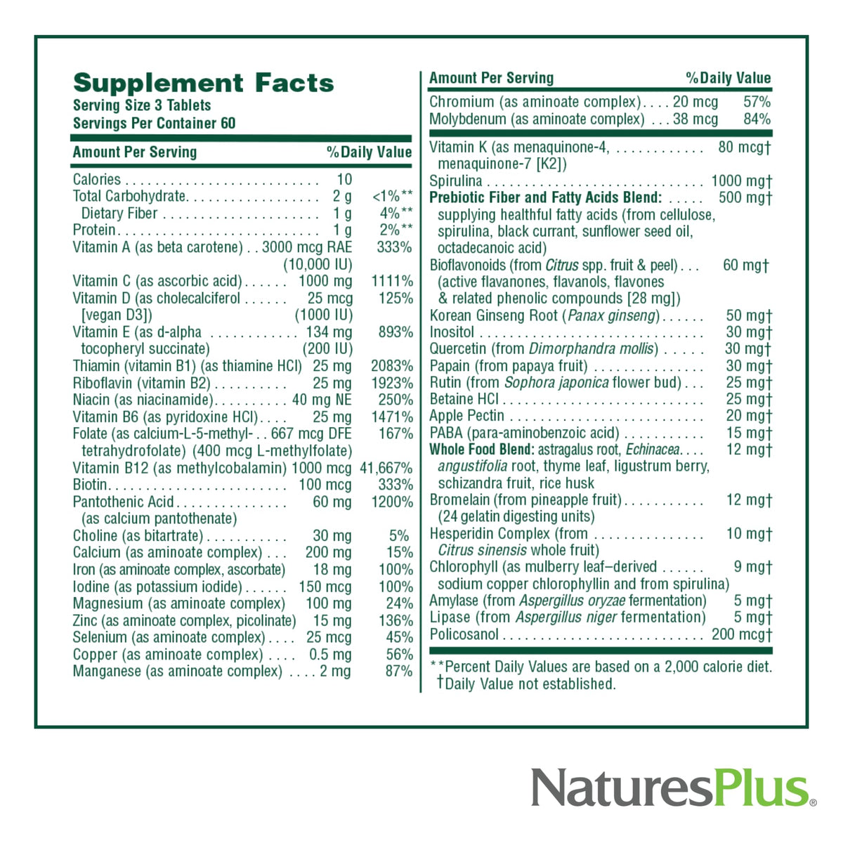 NaturesPlus Source of Life comprimés avec des ingrédients naturels