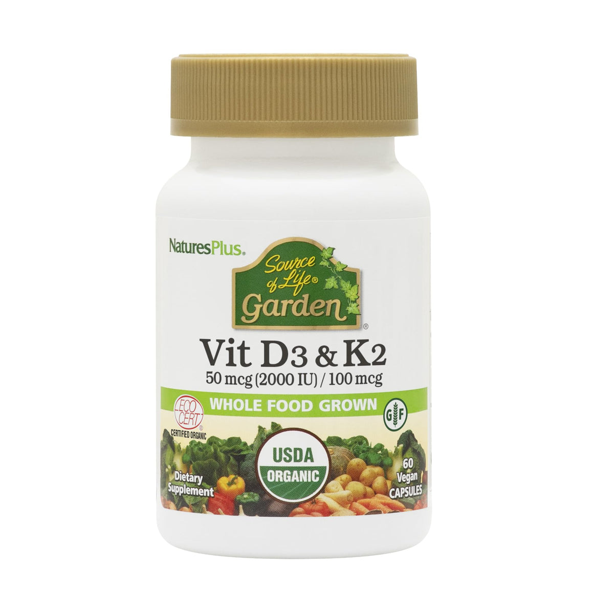 NaturesPlus Source of Life Garden Vitamine D3 & K2 60 capsules vue de face