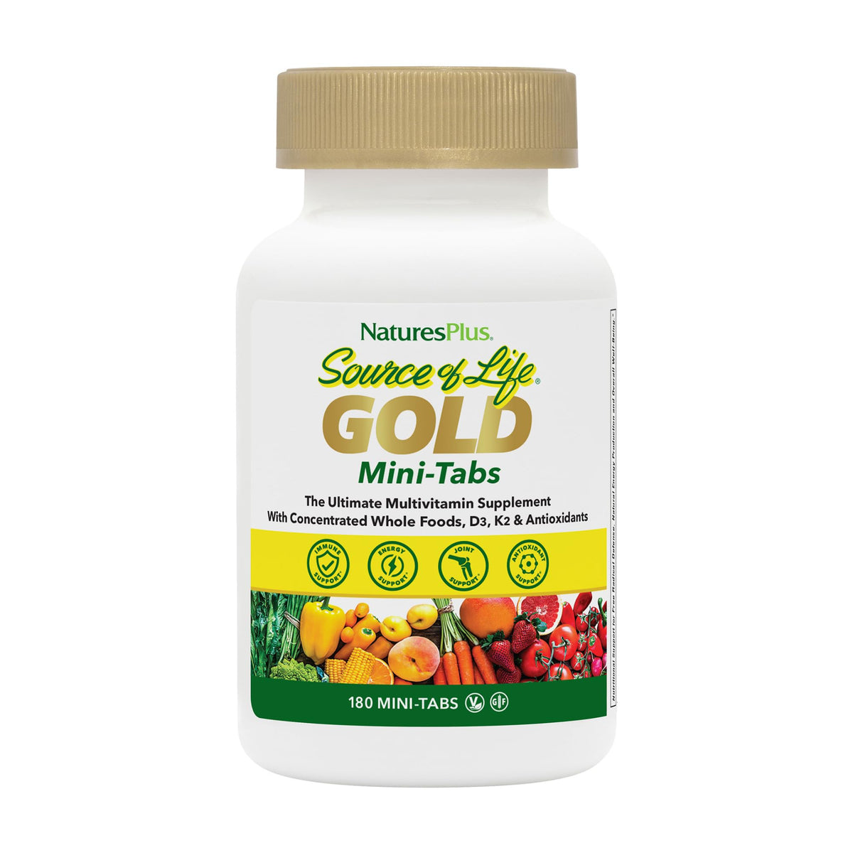 NaturesPlus Source of Life GOLD Multivitamine 180 Mini-Tablettes en vue avant