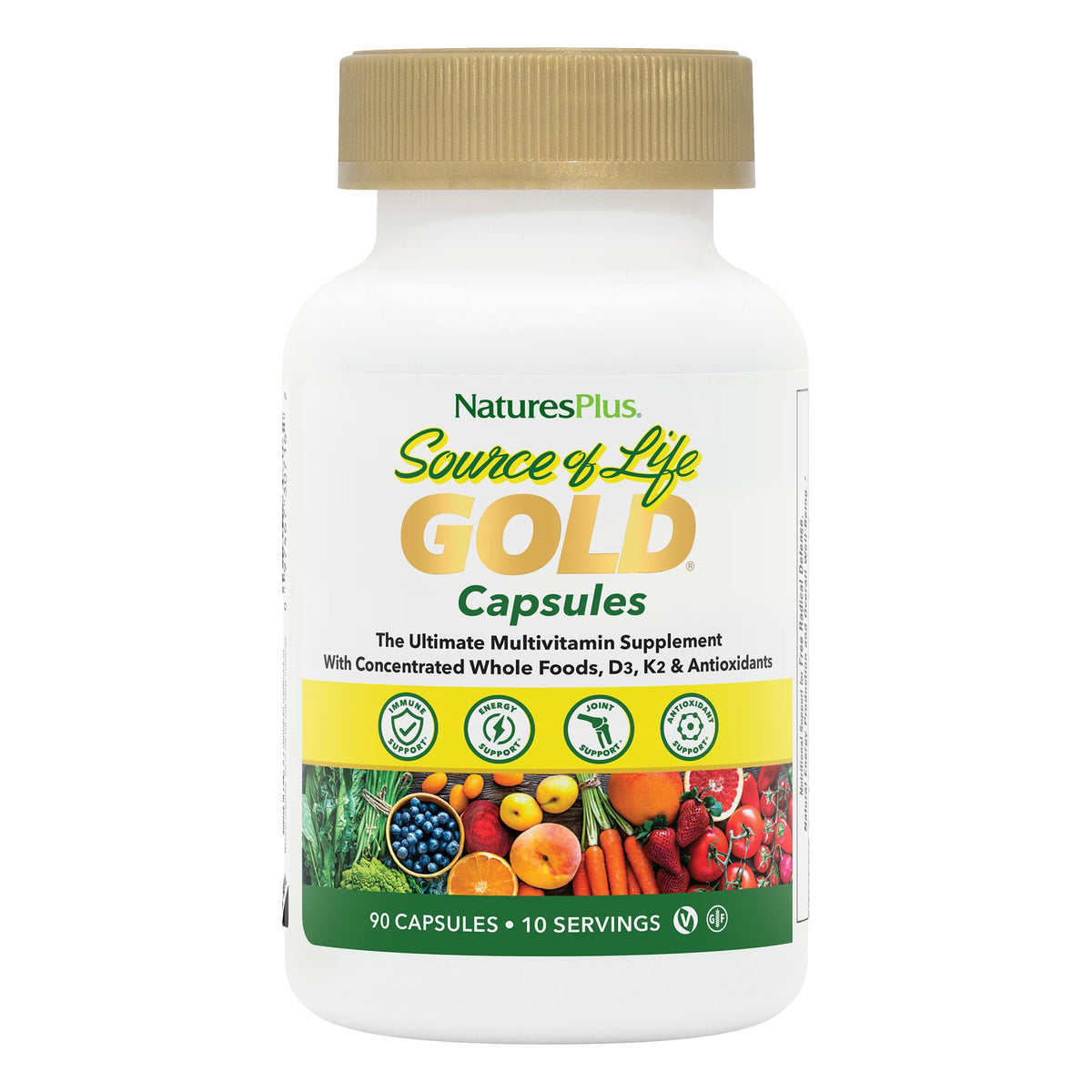 NaturesPlus Source of Life GOLD Multivitamine 90 capsules végétariennes vue de face
