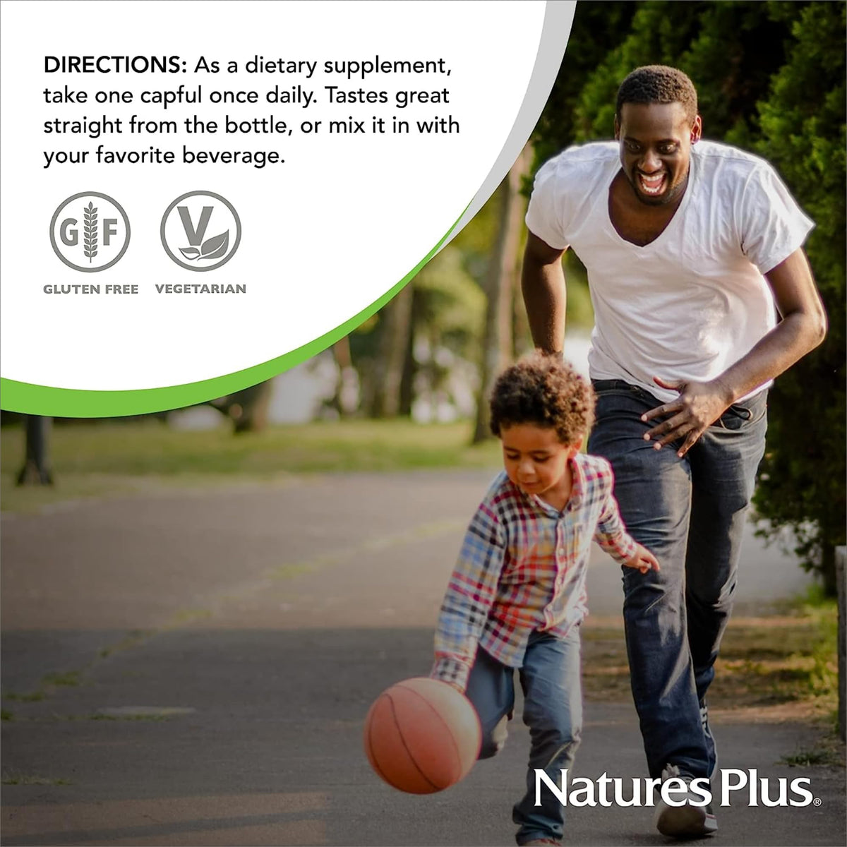 NaturesPlus Source of Life GOLD Multivitamine Liquide, présentation avec fruits tropicaux