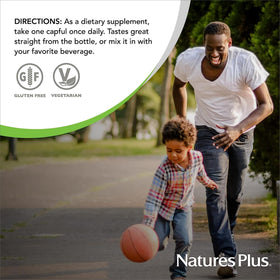 NaturesPlus Source of Life GOLD Multivitamine Liquide, présentation avec fruits tropicaux