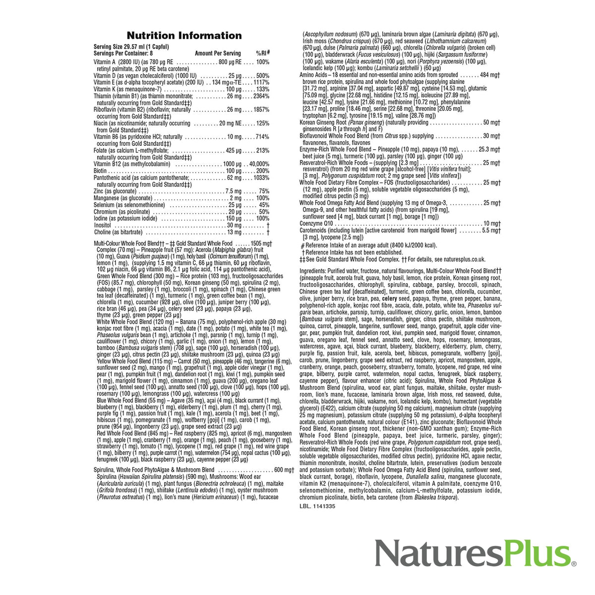 NaturesPlus Source of Life GOLD Multivitamine Liquide, versé dans un verre