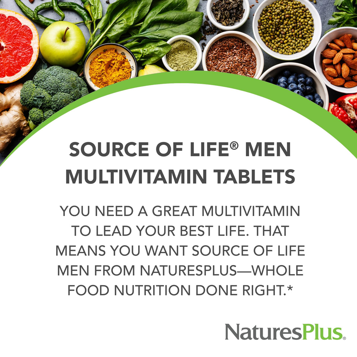 NaturesPlus Source of Life Men comprimés sur une surface blanche
