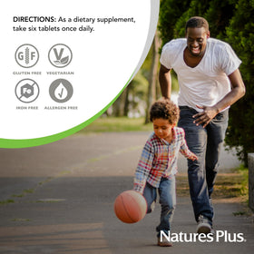 NaturesPlus Source of Life Mini-Tabs en gros plan montrant la texture des comprimés