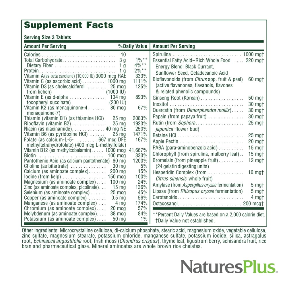NaturesPlus Source of Life No Iron 180 comprimés, prise de trois comprimés