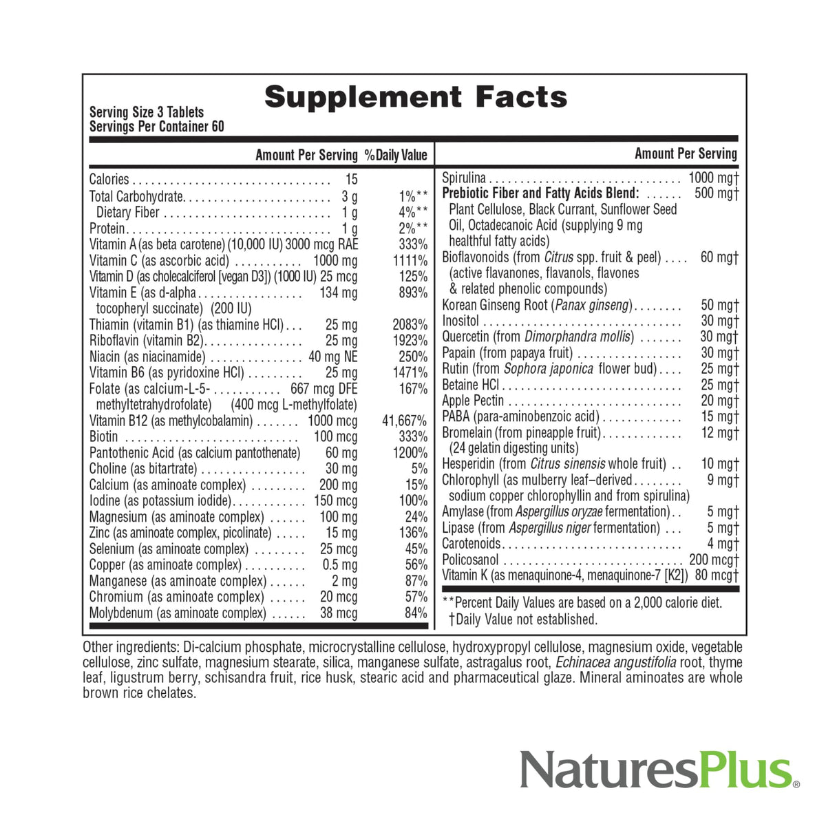 NaturesPlus Source of Life No Iron 180 tablettes sur une table