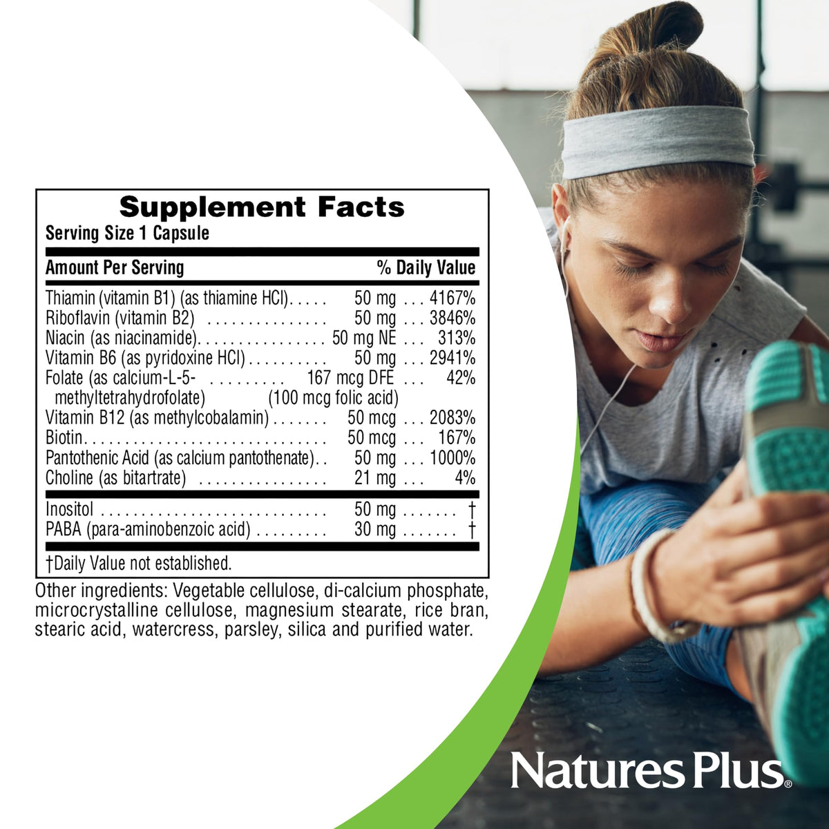 NaturesPlus Super B-50 ingrédients nutritifs sur fond blanc