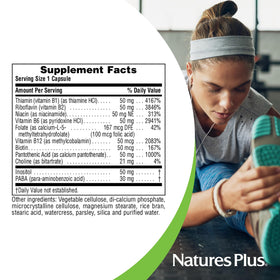 NaturesPlus Super B-50 ingrédients nutritifs sur fond blanc