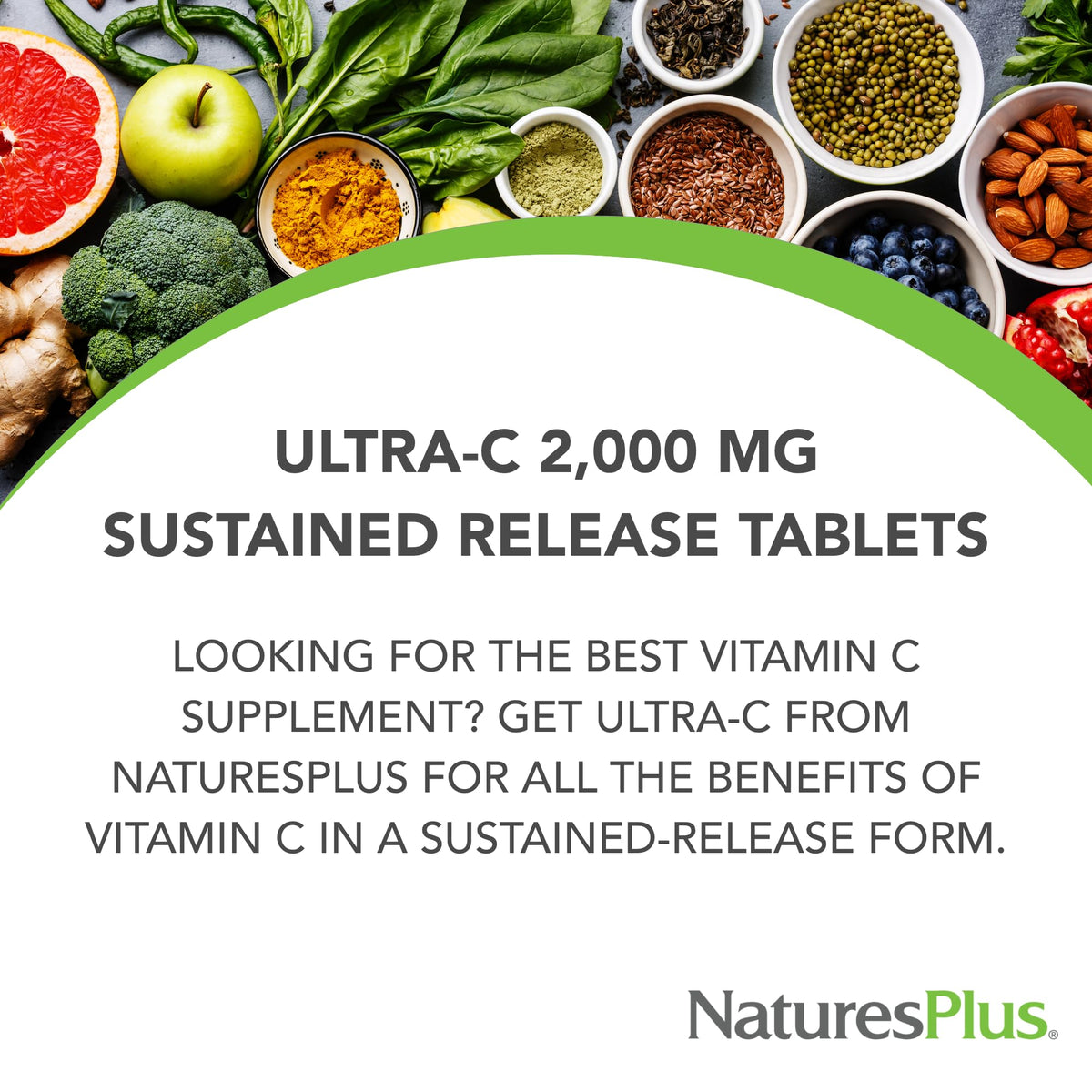NaturesPlus Ultra-C 2000 mg comprimés sur une table avec un verre d'eau