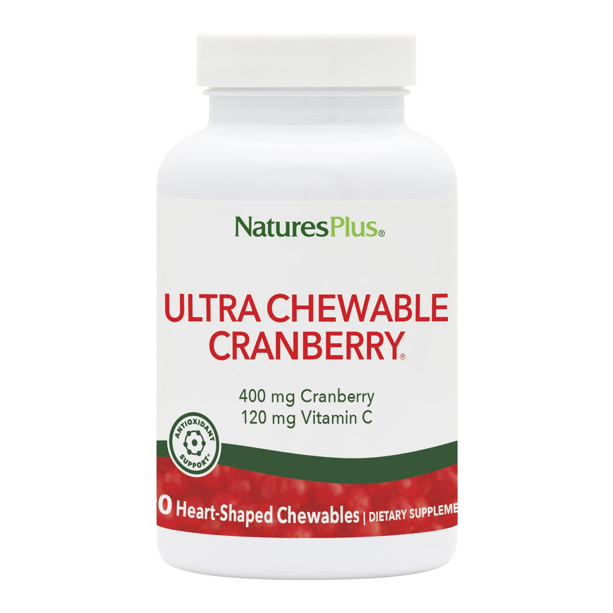 NaturesPlus Ultra Cranberry 90 comprimés en forme de cœur, vue de face