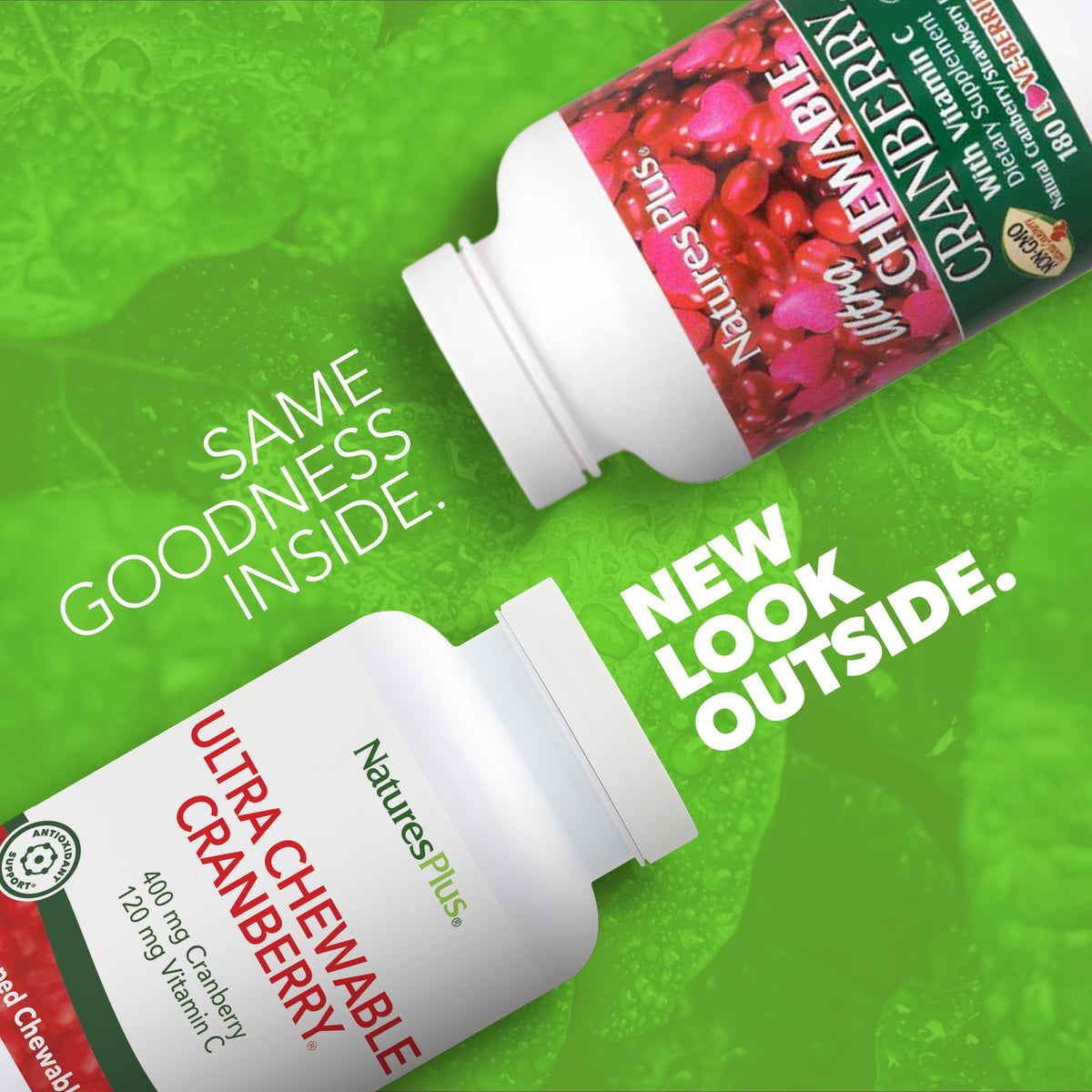 NaturesPlus Ultra Cranberry flacon ouvert montrant les comprimés
