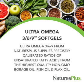 NaturesPlus Ultra Omega 3/6/9 gélules sur une surface blanche