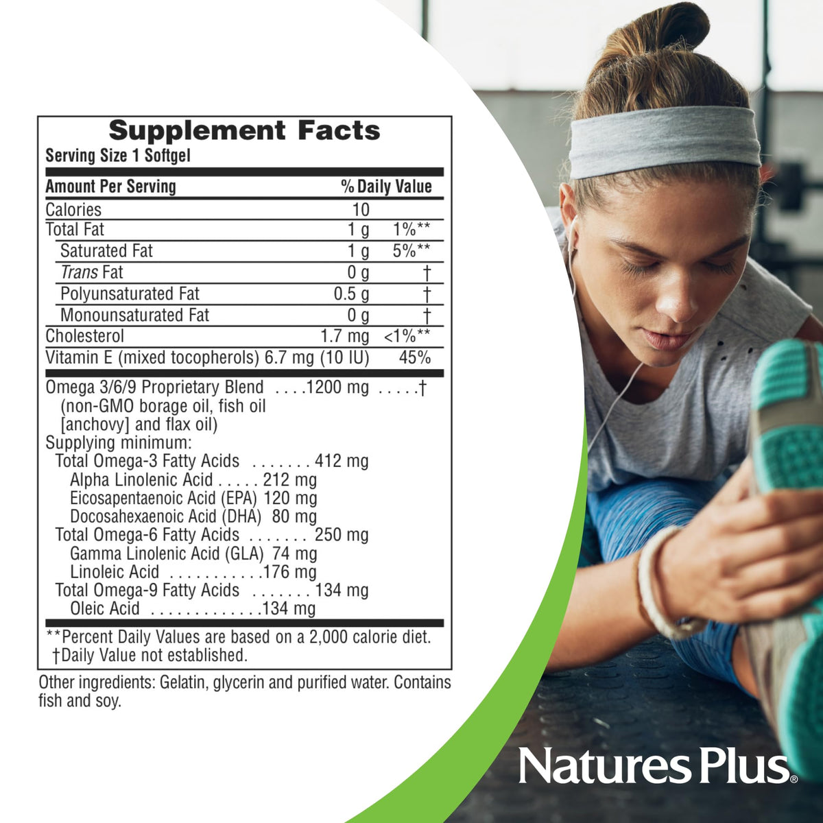 NaturesPlus Ultra Omega 3/6/9 vue de côté avec dimensions