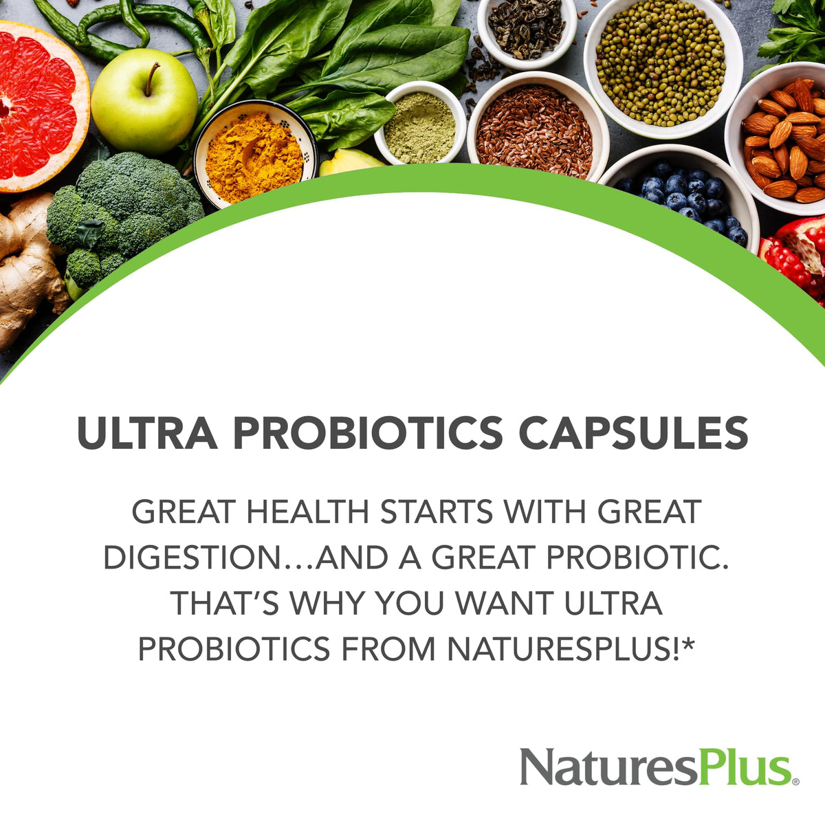 NaturesPlus Ultra Probiotics capsules sur une surface en bois