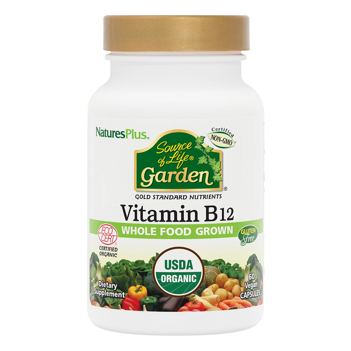 NaturesPlus Vitamine B12 60 capsules vue avant avec étiquette bio